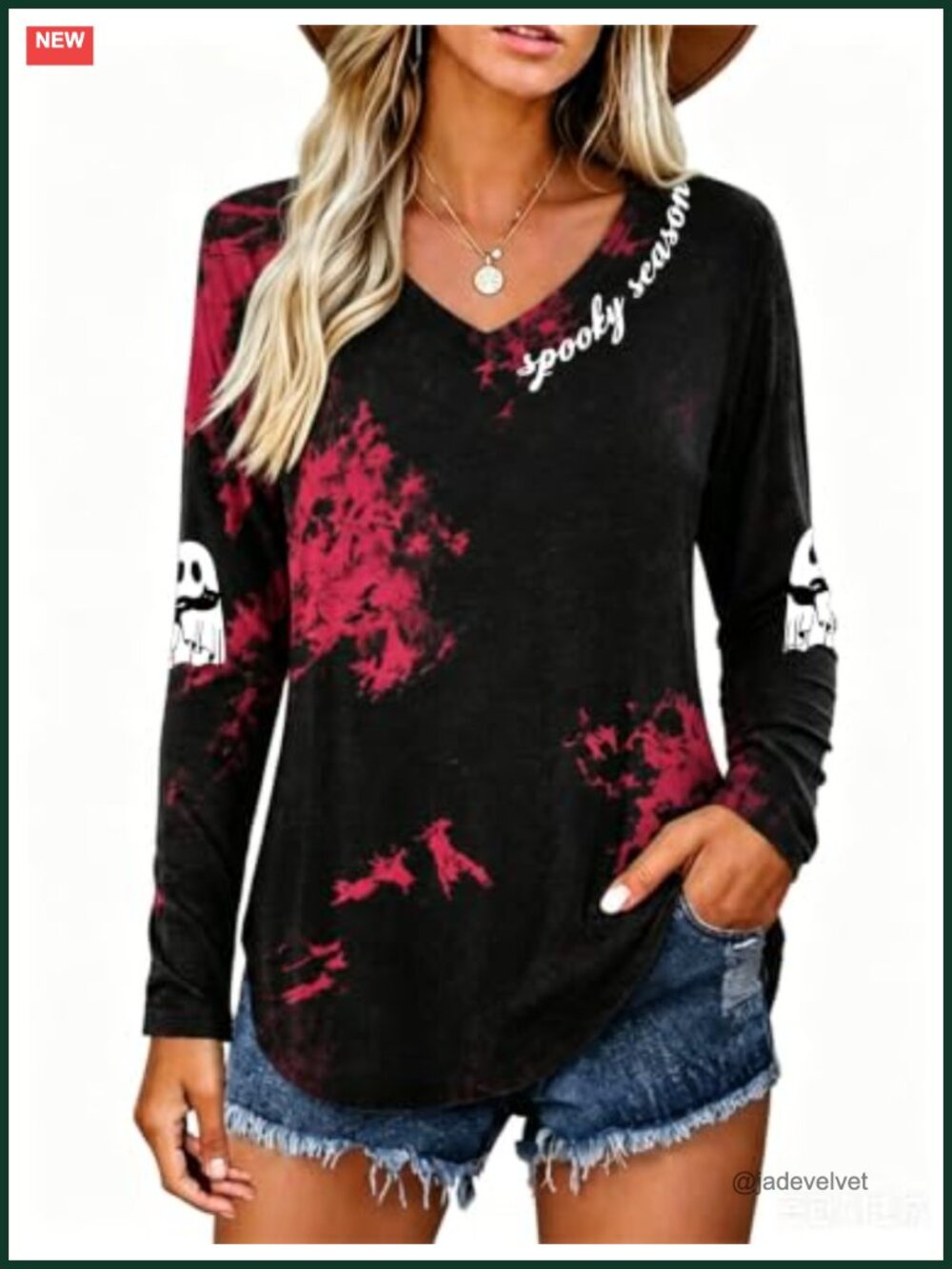 Women's Halloween V-Neck Long Sleeve Graphic Tee Spooky Season Shirt